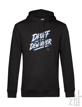 Schwarze Hoodie mit weißem ’dauff dewarrper’ Grafikdesign, aus Baumwolle gefertigt.