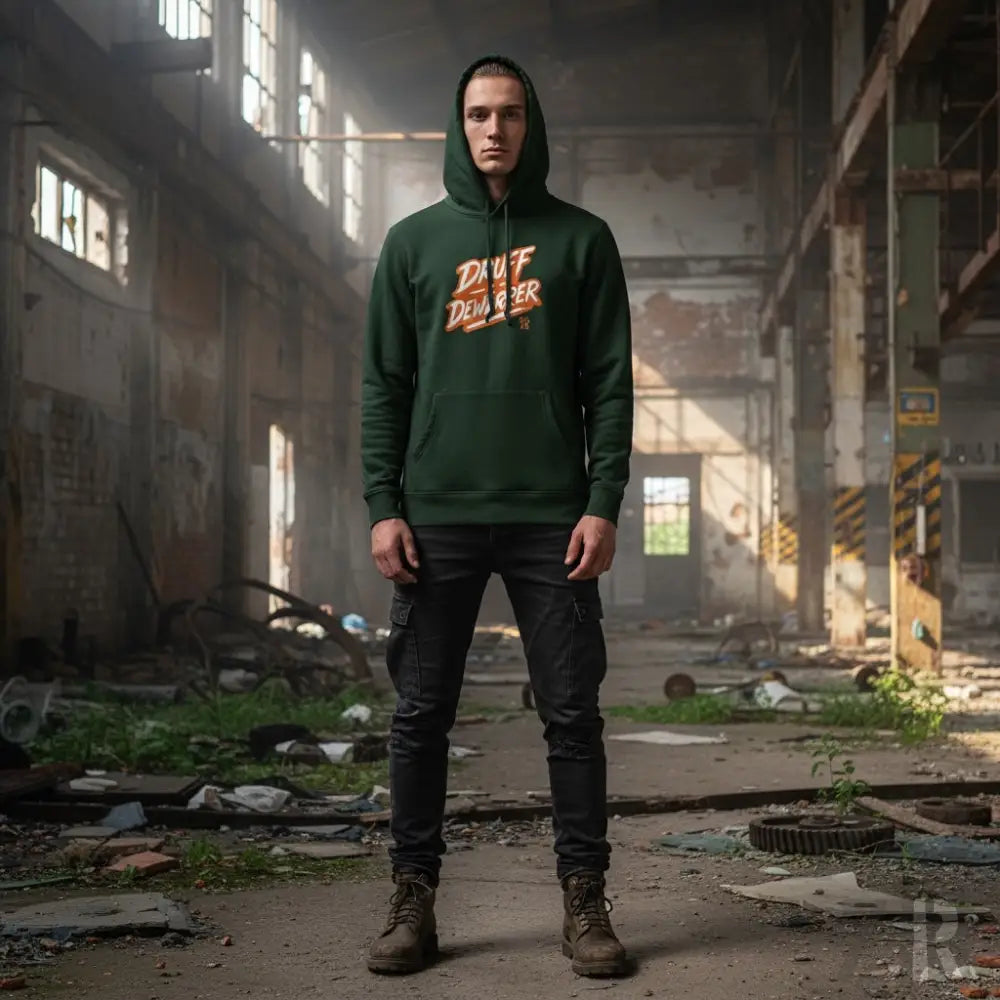 Grüne ’die daddy’-Hoodie mit orangefarbenem Text und schwarzer Hose.