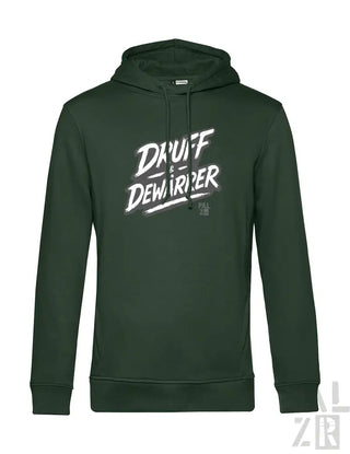 Dunkelgrüner Hoodie mit weißem ’druff dewarrper’ Grafikdesign, Material eines Kapuzen-Sweatshirts.