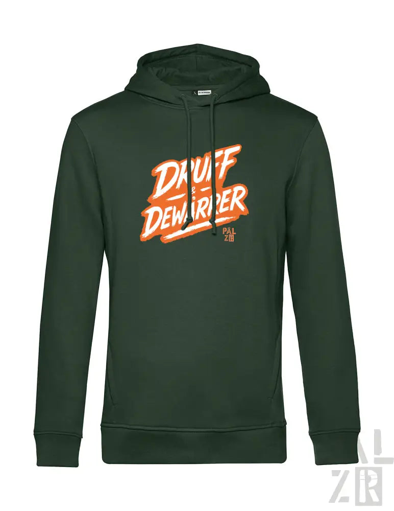 Grüner Hoodie mit ’duff dewarpper’-Grafik in Orange und Weiß, aus Hoodie-Sweatshirt-Material.