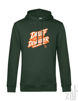 Grüner Hoodie mit ’duff dewarpper’-Grafik in Orange und Weiß, aus Hoodie-Sweatshirt-Material.