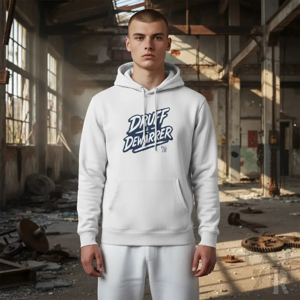 Weiße Hoodie mit ’druff demirper’ Grafikdesign.
