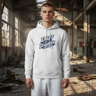 Weiße Hoodie mit ’druff demirper’ Grafikdesign.