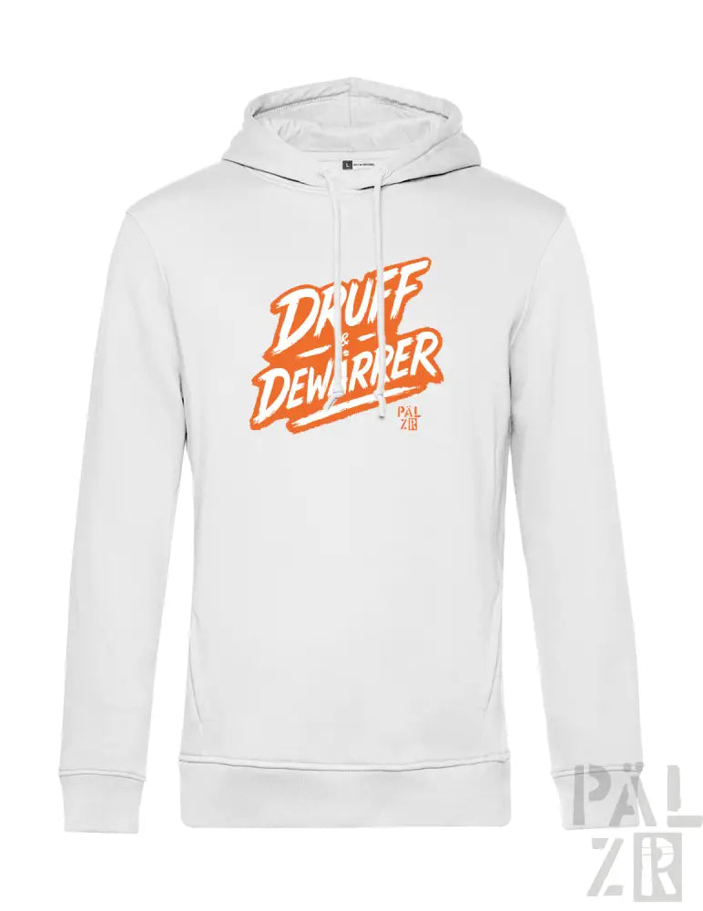 Weiße Hoodie mit orange ’druff dewarrer’ Grafikdesign.