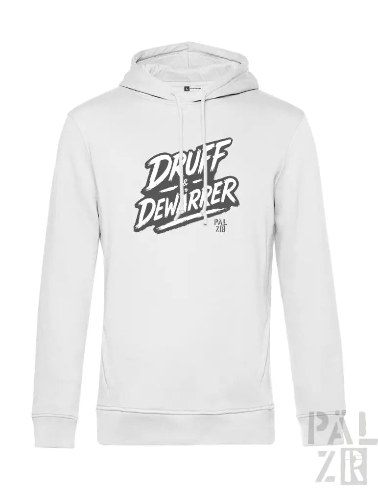 Weißes Hoodie mit ’druff dewarrer’ Grafikdesign, aus Baumwolle gefertigt.