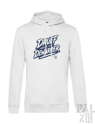 Weißes Hoodie mit ’druff dewarrer’ Grafikdesign und koreanischen Zeichen.