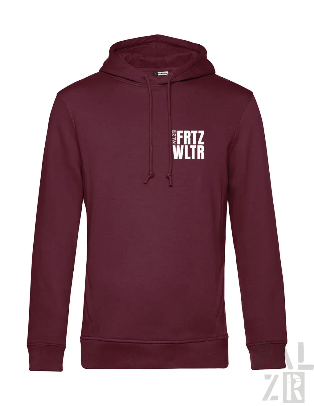 Maroon herren hoodie frtz wltr acht mit weißem vertikalem schriftzug links auf der brust in verschiedenen farben