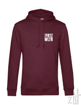 Maroon herren hoodie frtz wltr acht mit weißem vertikalem schriftzug links auf der brust in verschiedenen farben