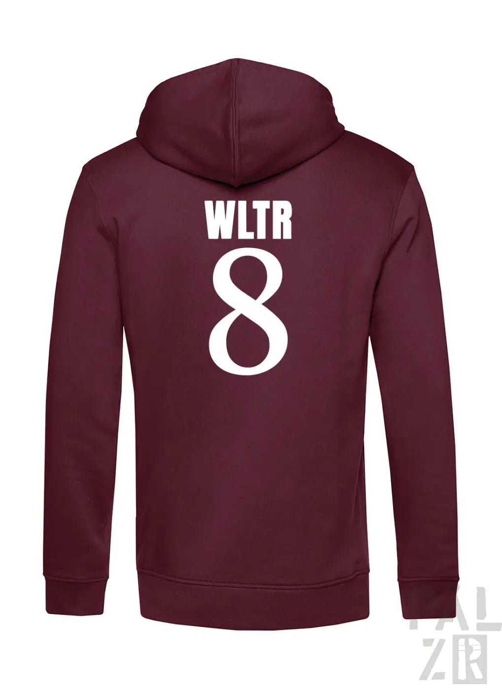 Männer hoodie in bordeaux mit reißverschluss und weißem wltr 8 print auf der rückseite aus baumwolle