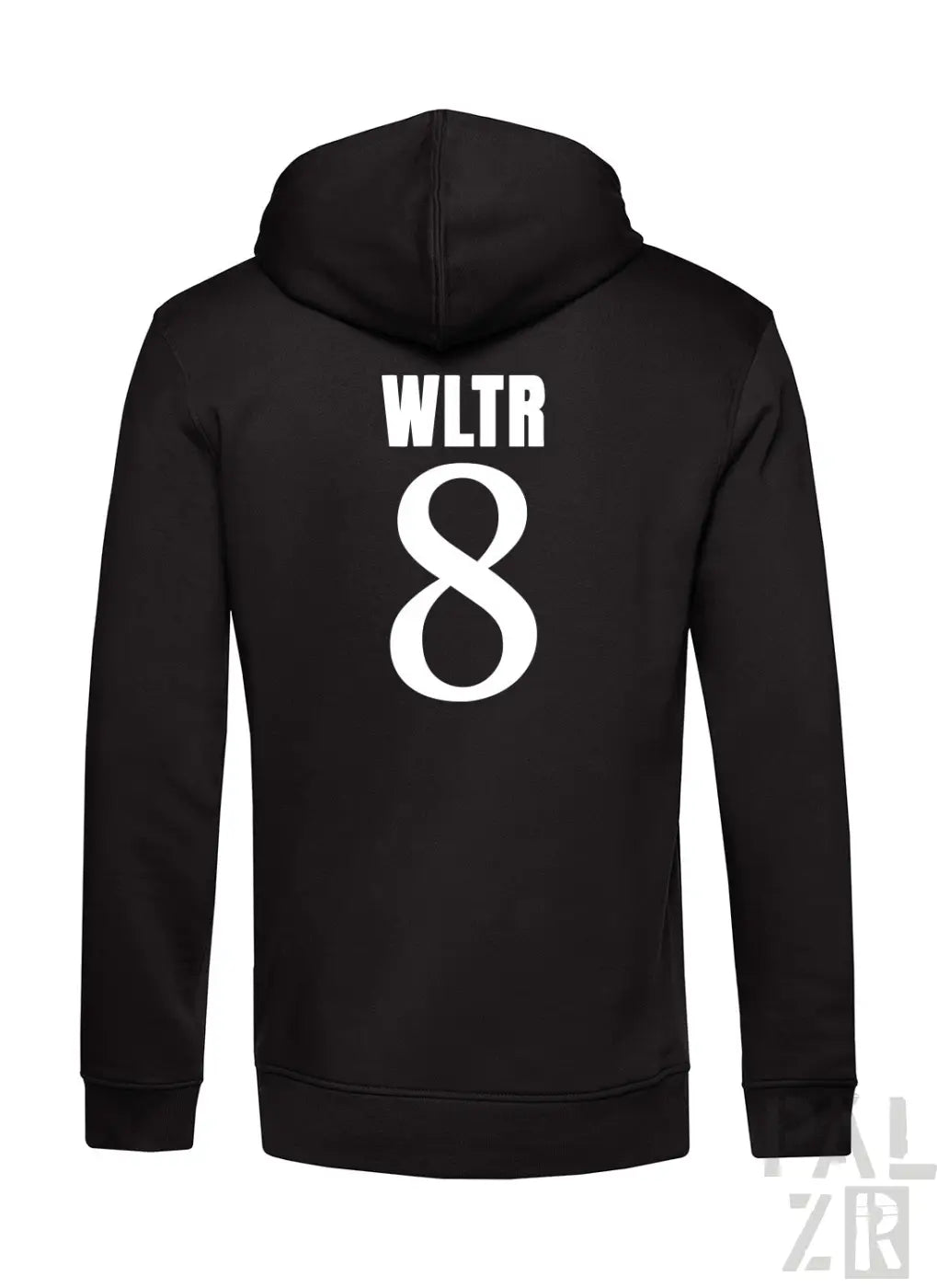 Schwarzer männer zip-up hoodie mit weißem wltr 8 print auf der rückseite im frtz wltr acht design
