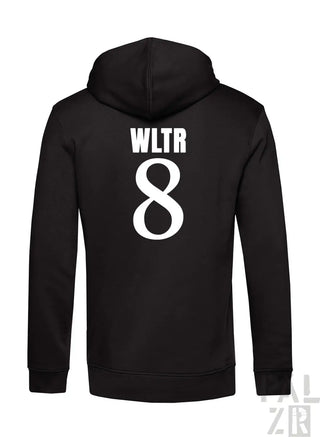 Schwarzer männer zip-up hoodie mit weißem wltr 8 print auf der rückseite im frtz wltr acht design