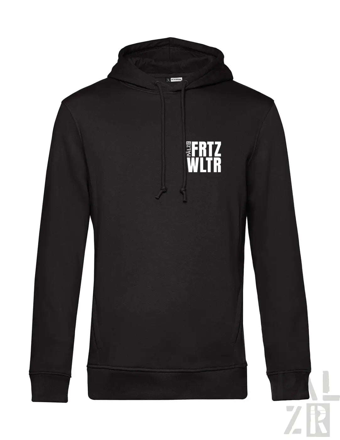 Schwarzer männer hoodie von FRTZ WLTR ELF mit weißem vertikalem print auf der linken brust in verschiedenen farben
