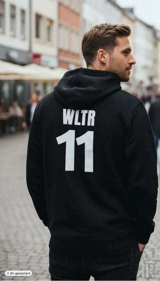 Männer hoodie in schwarz mit weißer wltr 11 beschriftung und nummerierung auf der rückseite in verschiedenen farben