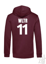 Männer hoodie aus baumwolle in dunkelrot mit weißem wltr elf druck auf der rückseite in verschiedenen farben
