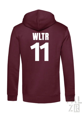 Männer hoodie aus baumwolle in dunkelrot mit weißem wltr elf druck auf der rückseite in verschiedenen farben
