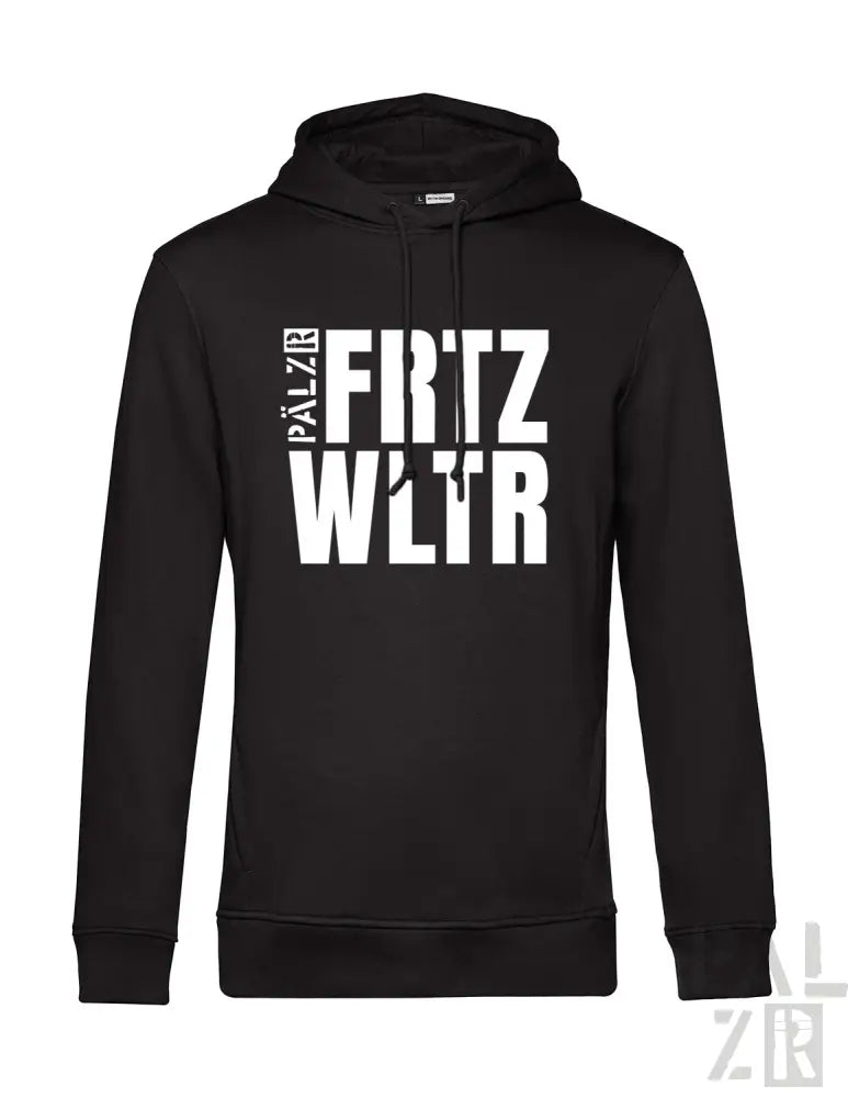 Schwarzer Hoodie mit weißem Textdesign, das ’palazzi fritzwltr’ in fetter, moderner Schriftart zeigt.