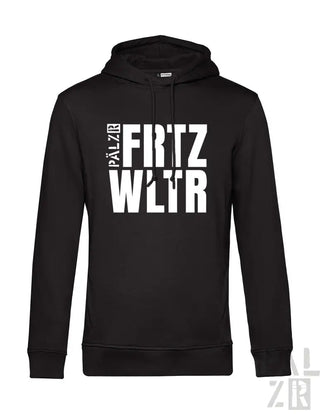 Schwarzer Hoodie mit weißem Textdesign, das ’palazzi fritzwltr’ in fetter, moderner Schriftart zeigt.