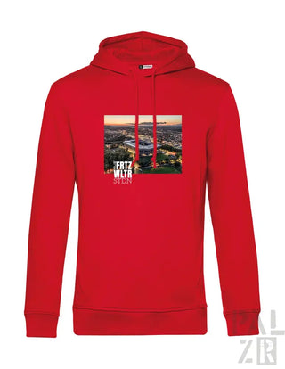 Rote Kapuze mit Stadtbild-Design und Reißverschluss-Detail.