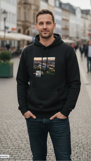 Schwarzer männer hoodie mit bedrucktem stadtbild und text fritz wiltr sun aus verschiedenen farben