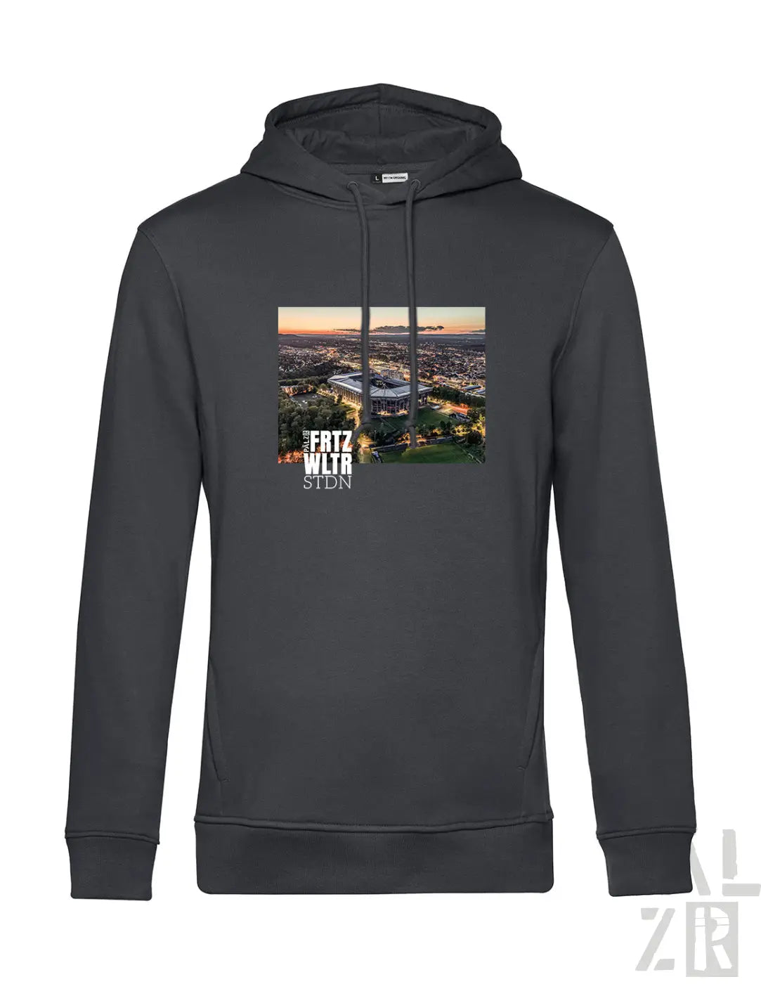 Darkgrauer männer hoodie mit kapuze und grafik des fritz-walter-stadions aus der vogelperspektive
