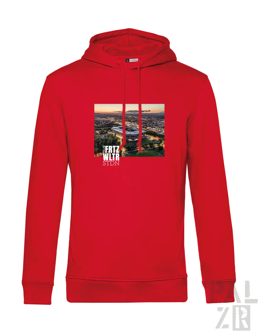 Roter herren hoodie mit aufdruck des fritz-walter-stadions bei sonnenuntergang auf der brust in verschiedenen farben