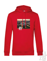 Roter herren hoodie mit aufdruck des fritz-walter-stadions bei sonnenuntergang auf der brust in verschiedenen farben