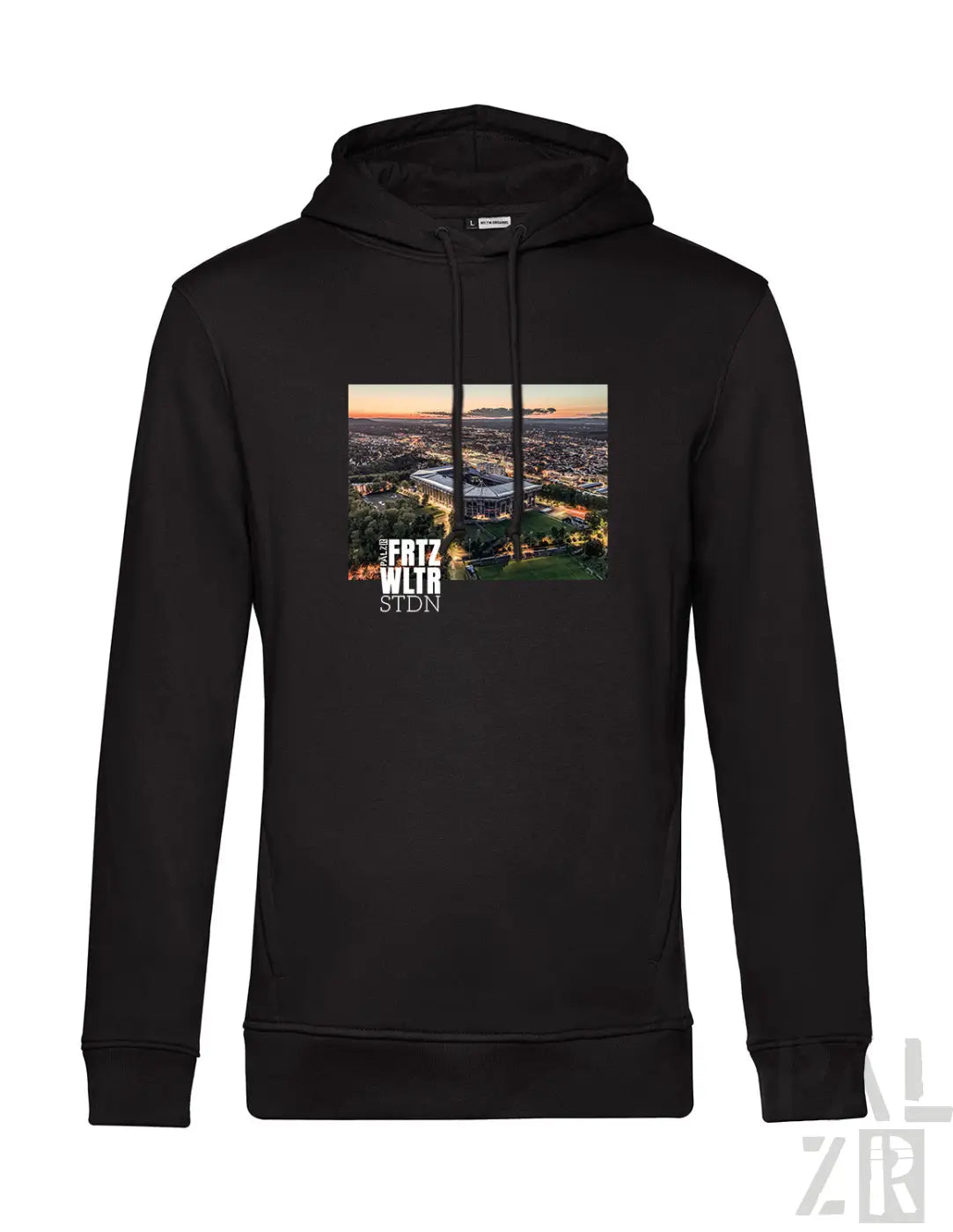 Schwarzer männer hoodie aus baumwolle mit print des fritz walter stadions und fritz walter stadion text darunter