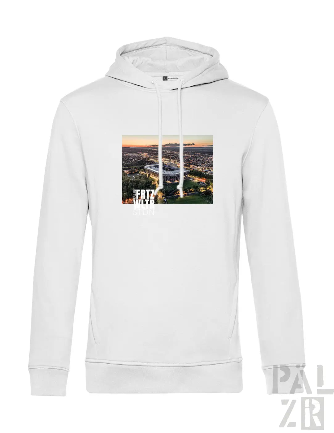 Weißer männer hoodie mit gedrucktem luftbild vom fritz-walter-stadion bei sonnenuntergang und fritz walter text