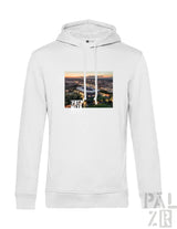 Weißer männer hoodie mit gedrucktem luftbild vom fritz-walter-stadion bei sonnenuntergang und fritz walter text