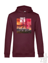 Männer hoodie in schwarz mit grafikdruck eines stadions bei sonnenuntergang und text frez wltr stion