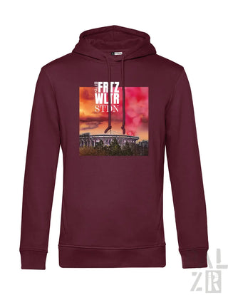 Männer hoodie in schwarz mit grafikdruck eines stadions bei sonnenuntergang und text frez wltr stion
