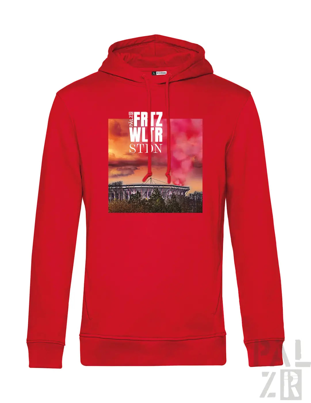 Rote kapuzenjacke männer hoodie frtz wltr stdn schwarz mit palast der welterbe stadion grafik und sonnenuntergang