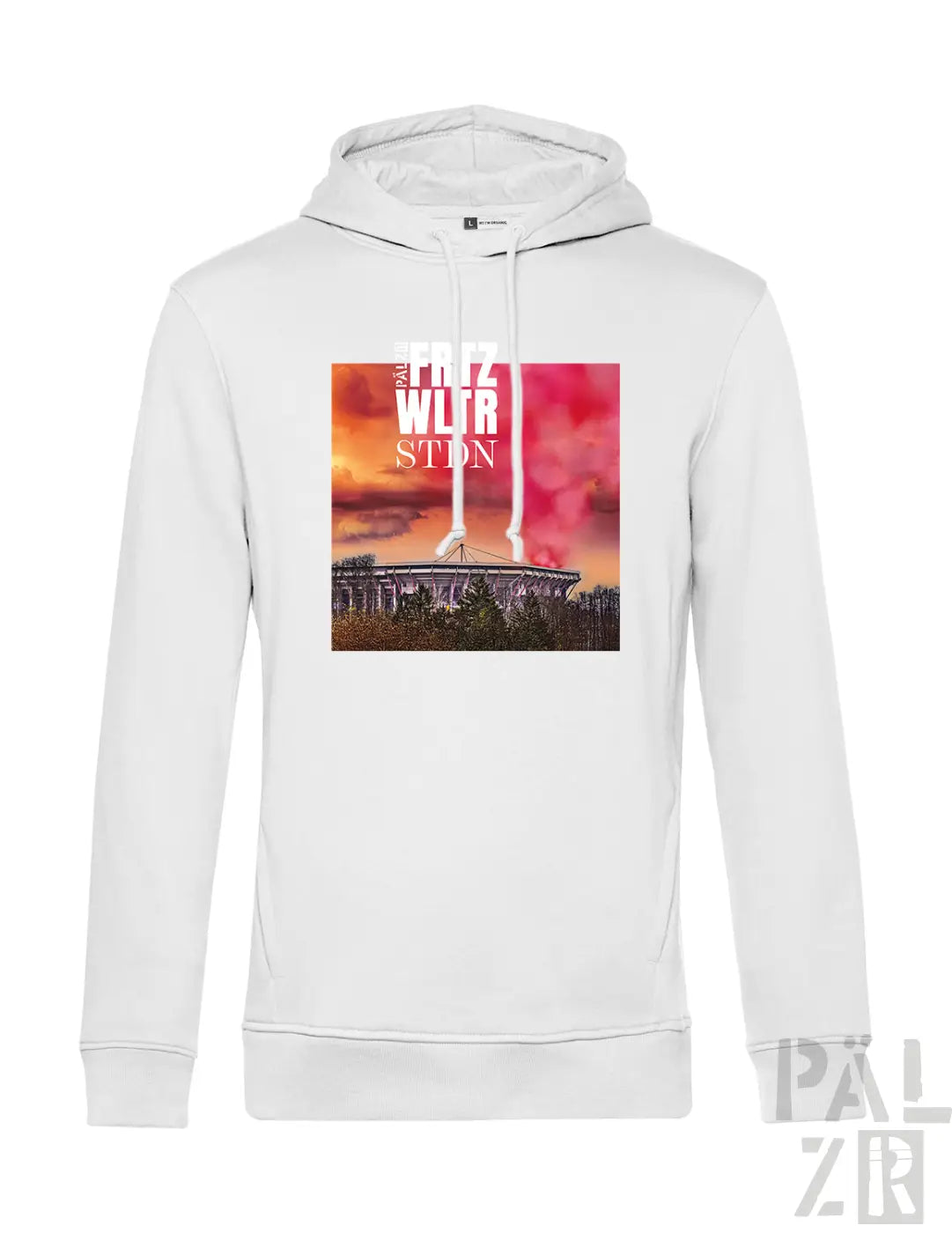Männer hoodie in schwarz mit weißem kapuzenpulli und farbigem stadion-graphic print vor sonnenuntergang