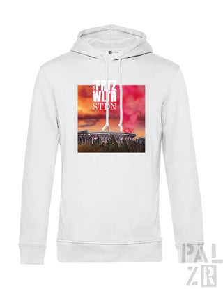 Männer hoodie in schwarz mit weißem kapuzenpulli und farbigem stadion-graphic print vor sonnenuntergang