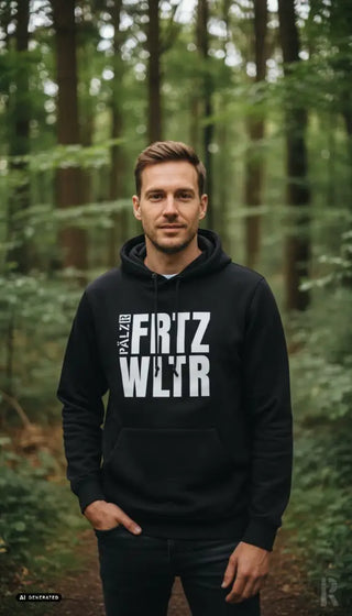 Schwarzer männer hoodie mit fetten weißen buchstaben fritz und pálzr wltr auf der brust in verschiedenen farben