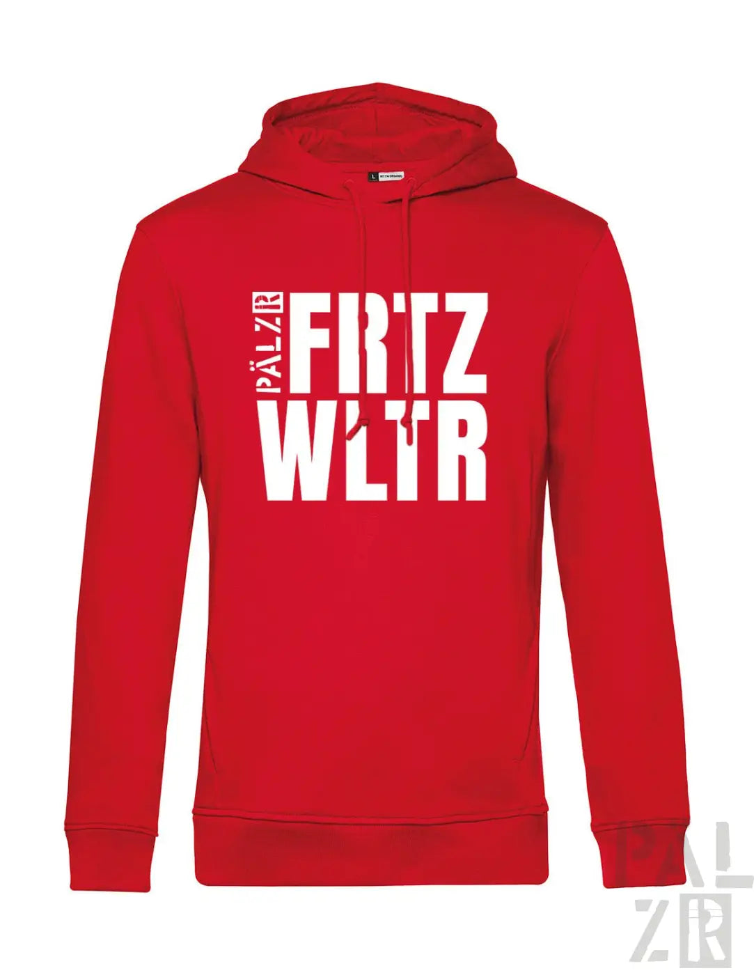 Roter baumwollhoodie männer mit fettem weißem fritz wltr schriftzug auf der brust verschiedene farben
