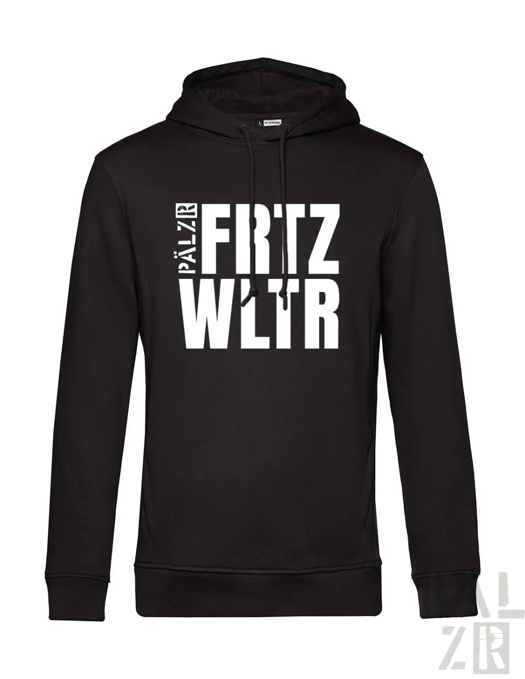 Schwarzer herren hoodie mit auffälligem weißen fritz wltr schriftzug auf der brust verschiedene farben