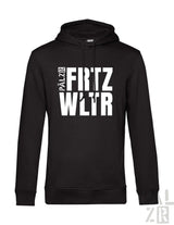 Schwarzer herren hoodie mit auffälligem weißen fritz wltr schriftzug auf der brust verschiedene farben