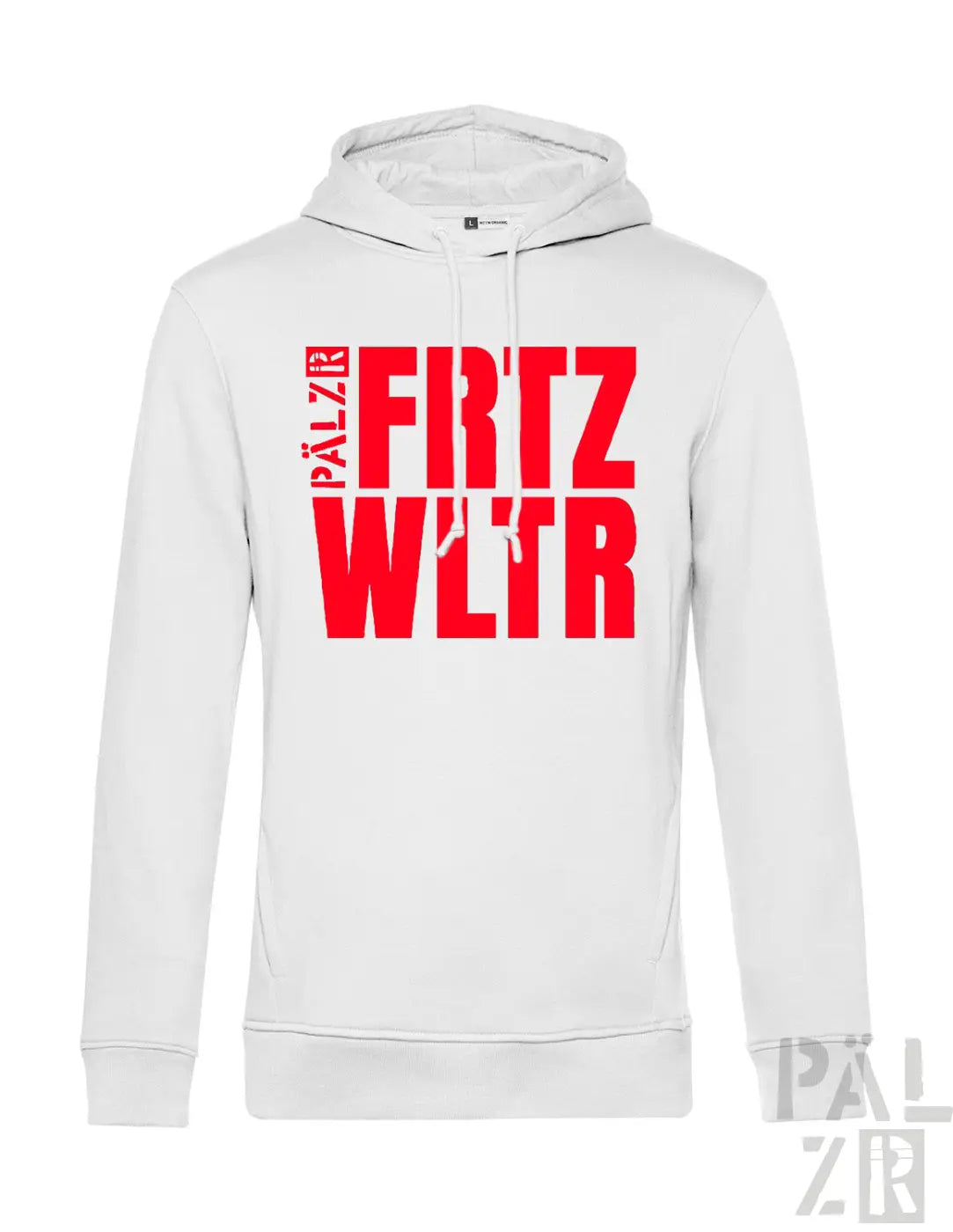 Weißer männer hoodie aus baumwolle mit fetter roter fritz wltr schrift und kleinem schwarzem logo am kragen