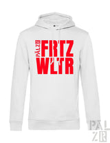Weißer männer hoodie aus baumwolle mit fetter roter fritz wltr schrift und kleinem schwarzem logo am kragen