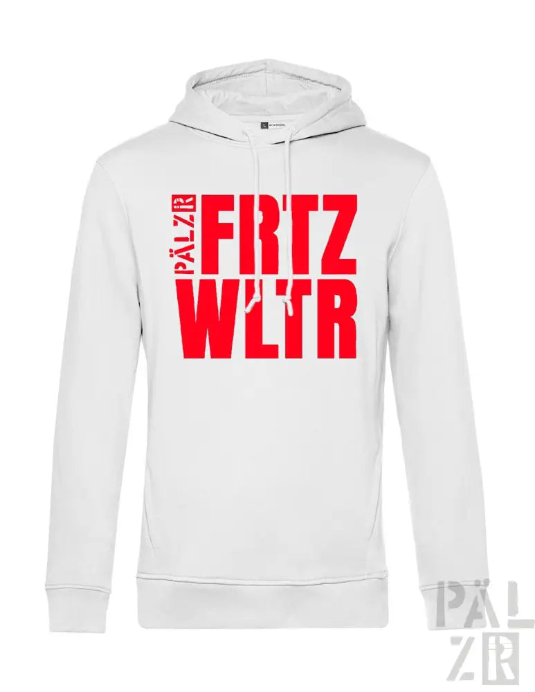 Weiße Kapuzenpulli mit rotem ’fritz wlr’ Textdesign, Material aus Kapuzenschweißshirt.