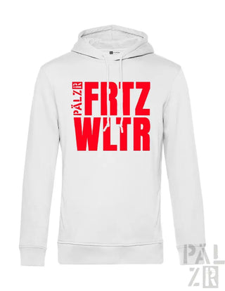 Weiße Kapuzenpulli mit rotem ’fritz wlr’ Textdesign, Material aus Kapuzenschweißshirt.