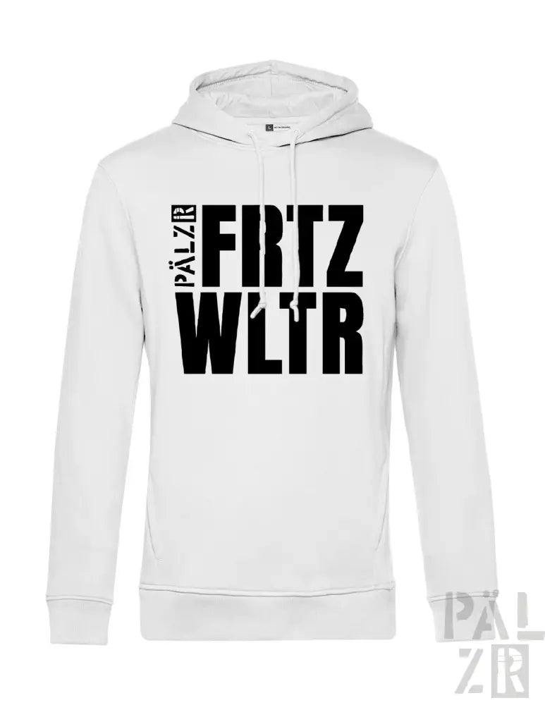 Weißes Hoodie mit schwarzem Textdesign, das ’palzir’ und stilisierten Buchstaben zeigt.