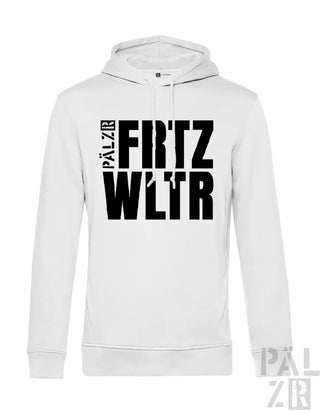 Weißes Hoodie mit schwarzem Textdesign, das ’palzir’ und stilisierten Buchstaben zeigt.