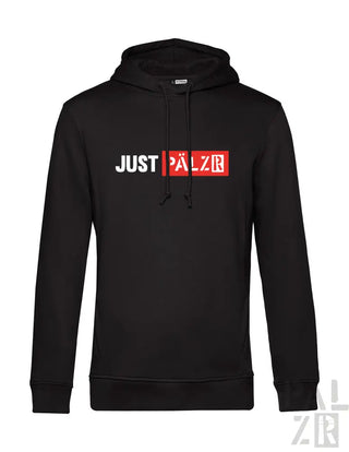 Schwarze Kapuzenjacke mit ’justpalzr’-Logo in rot-weißem Design, aus Baumwolle gefertigt.