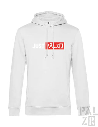 Weiße Hoodie mit ’just pälzr’ Logo in Rot und Schwarz.