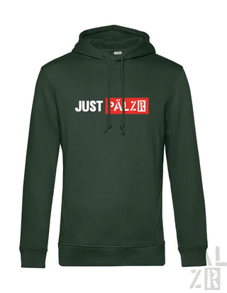 Grüner Hoodie mit ’just pälzr’ Logo in Weiß und Rot auf der Vorderseite, Material aus Kapuzen-Sweatshirt.