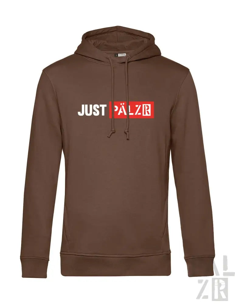 Brauner Hoodie mit ’justpalzr’ Grafikdesign, roter und weißer Text auf der Vorderseite.