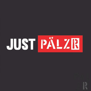Rotes und weißes ’just pälzr’ Logo auf schwarzem Hintergrund.