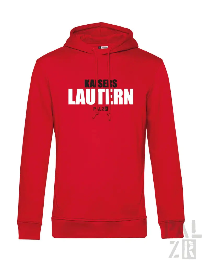 Rote Kapuzenjacke mit Text ’kaiserslautern’ und Logo-Design, wahrscheinlich aus Baumwolle oder Polyester-Mischung gefertigt.